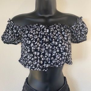 Seek The Label Floral Frill Trim Bardot Crop Top
